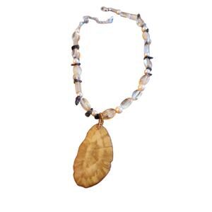 Boho Statement Necklace Amber Acrylic Pendant Beaded Earth Tone Natural Style